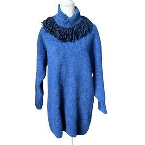 SOMETHING NAVY Fringe Turtleneck Sweater Mini Dress‎ Wool Blend Blue M